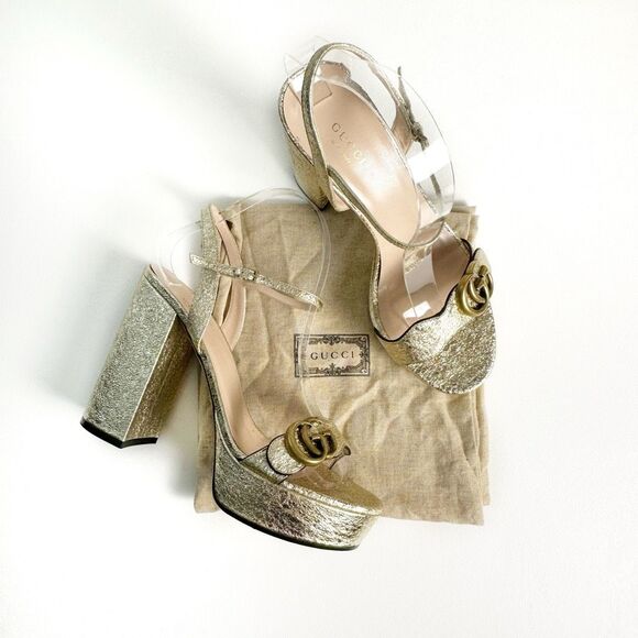 GUCCI Marmont Gold Platform Heel Sandals 39.5 Metallic Leather Block Ankle Strap - Picture 2 of 12